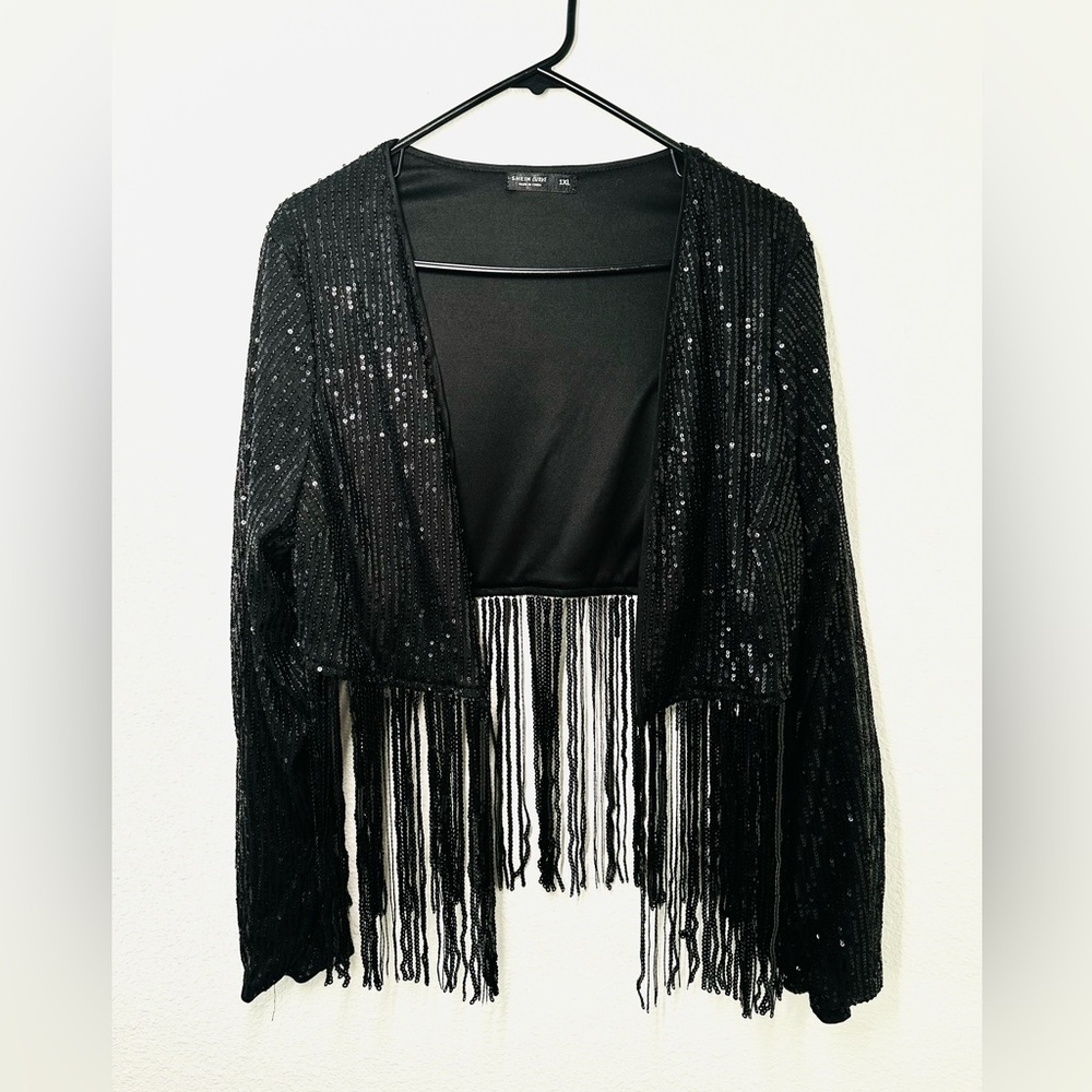 SHEIN Black Sequin Fringe Cardigan